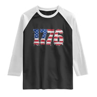 Distressed Faux Patchwork 1776 USA Flag Raglan Shirt Vintage Effect Printing Patriotic Graphic 4th Of July Independence Day