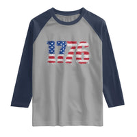 Distressed Faux Patchwork 1776 USA Flag Raglan Shirt Vintage Effect Printing Patriotic Graphic 4th Of July Independence Day