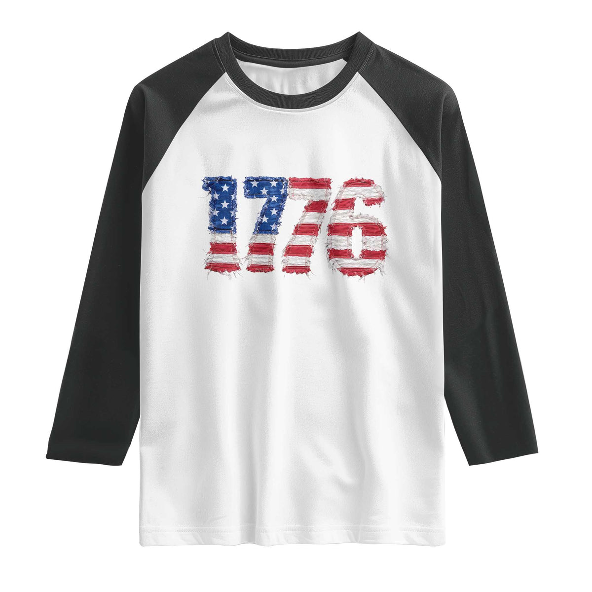 Distressed Faux Patchwork 1776 USA Flag Raglan Shirt Vintage Effect Printing Patriotic Graphic 4th Of July Independence Day