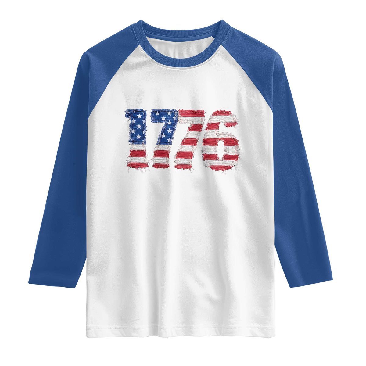 Distressed Faux Patchwork 1776 USA Flag Raglan Shirt Vintage Effect Printing Patriotic Graphic 4th Of July Independence Day