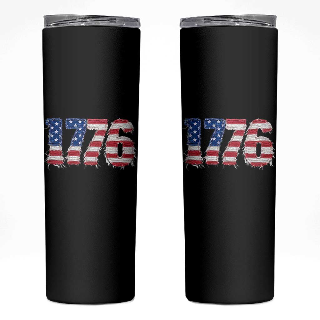Distressed Faux Patchwork 1776 USA Flag Skinny Tumbler Vintage Effect Printing Patriotic Graphic 4th Of July Independence Day
