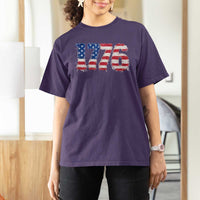 Distressed Faux Patchwork 1776 USA Flag T Shirt For Women Vintage Effect Printing Patriotic Graphic 4th Of July Independence Day