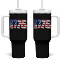 Distressed Faux Patchwork 1776 USA Flag Tumbler With Handle Vintage Effect Printing Patriotic Graphic 4th Of July Independence Day