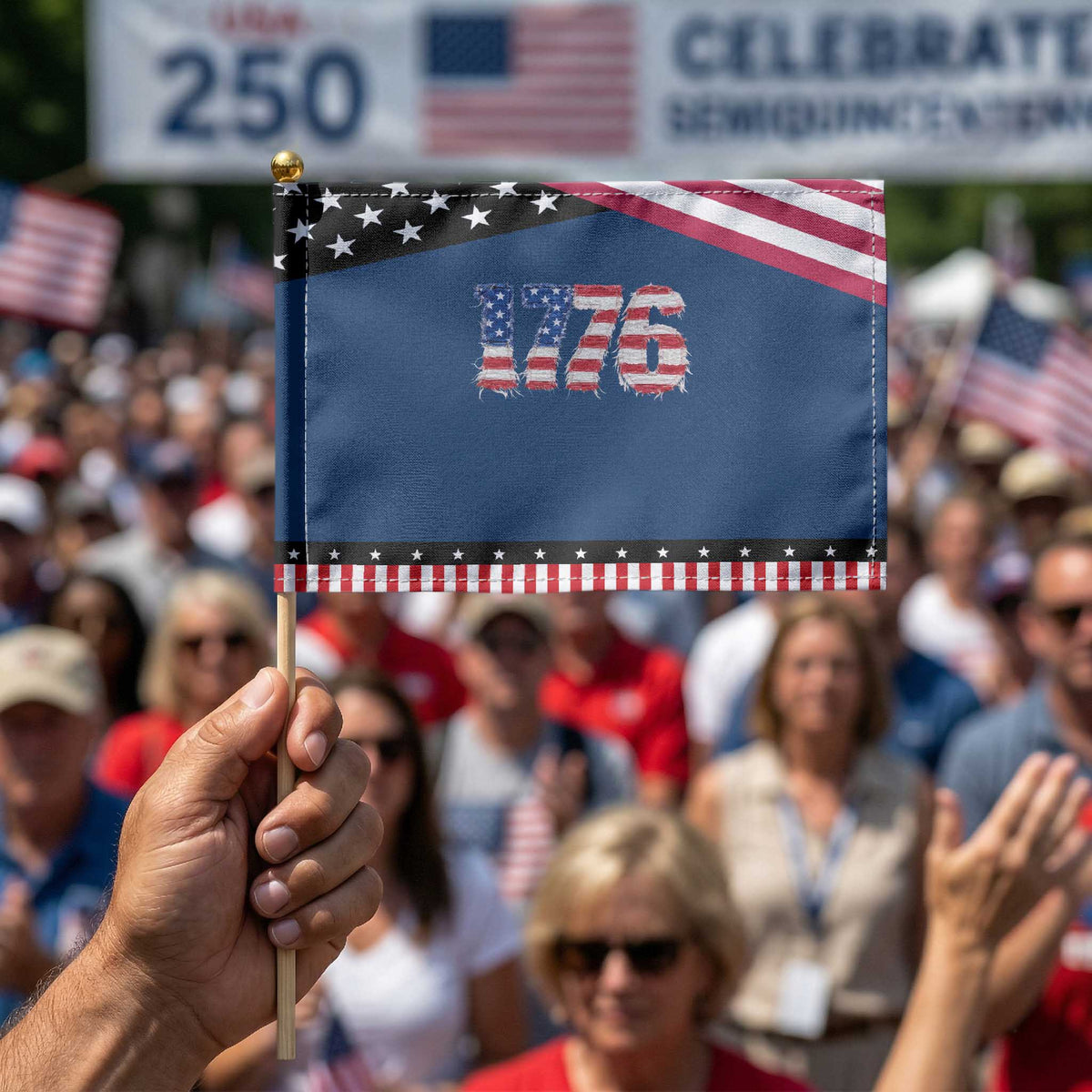 Distressed Faux Patchwork 1776 USA Flag Patriotic Handheld Flag Vintage Effect Printing Graphic 4th Of July Independence Day
