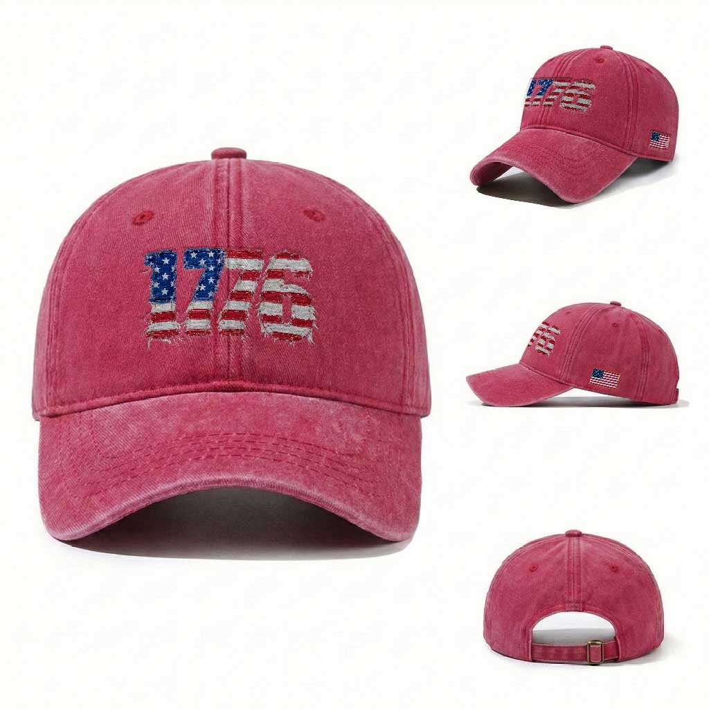Distressed Faux Patchwork 1776 USA Flag Washed Cotton Baseball Cap Vintage Effect Printing Patriotic Graphic 4th Of July Independence Day