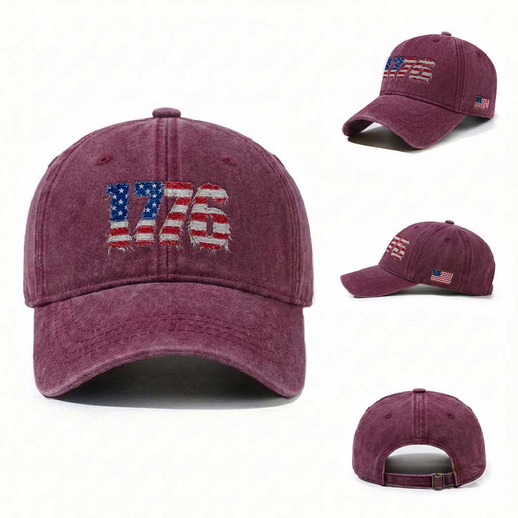 Distressed Faux Patchwork 1776 USA Flag Washed Cotton Baseball Cap Vintage Effect Printing Patriotic Graphic 4th Of July Independence Day