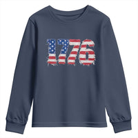 Distressed Faux Patchwork 1776 USA Flag Youth Sweatshirt Vintage Effect Printing Patriotic Graphic 4th Of July Independence Day