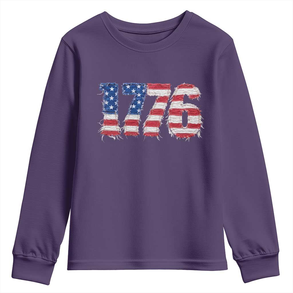 Distressed Faux Patchwork 1776 USA Flag Youth Sweatshirt Vintage Effect Printing Patriotic Graphic 4th Of July Independence Day