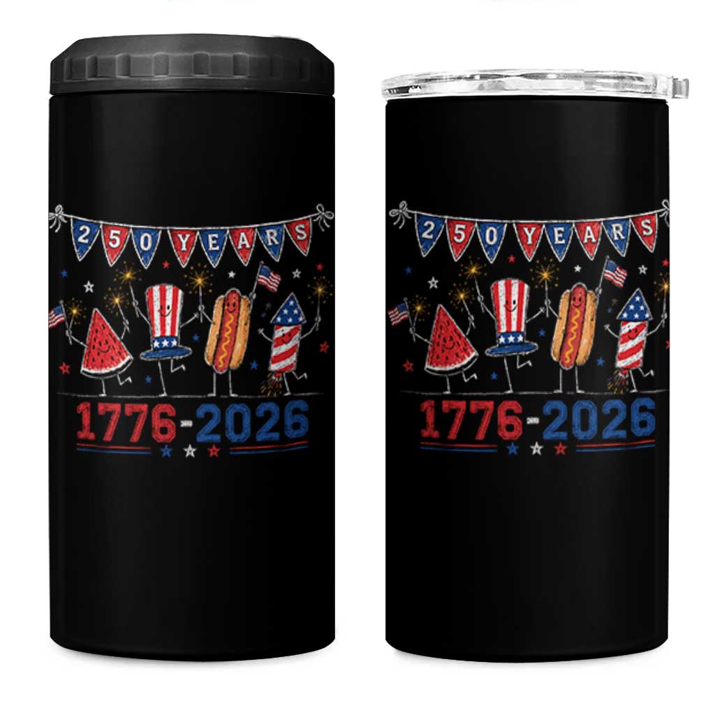 250 Years American 1776 2026 4 in 1 Can Cooler Tumbler Patriotic Watermelon Hotdog Firework 250th 4th July Independence Day