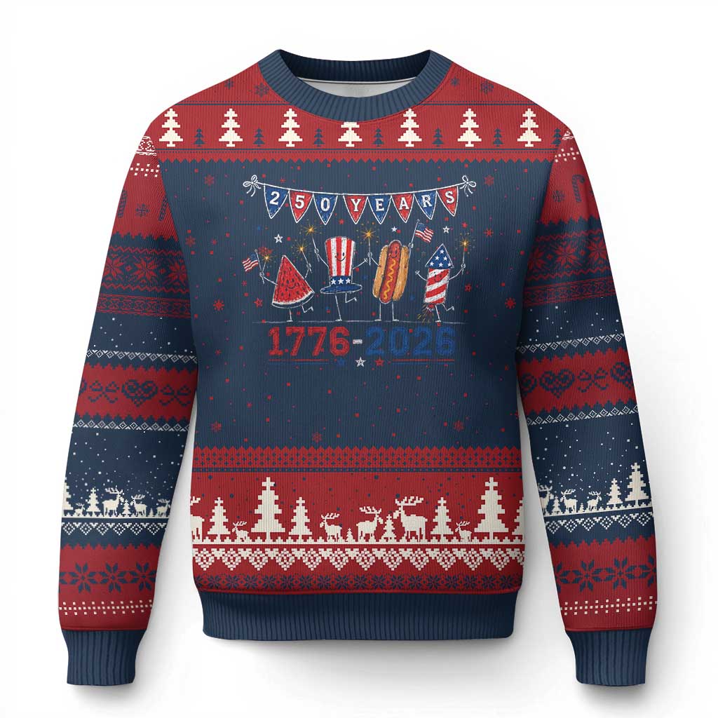 250 Years American 1776 2026 Ugly Christmas Sweater Patriotic Watermelon Hotdog Firework 250th 4th July Independence Day