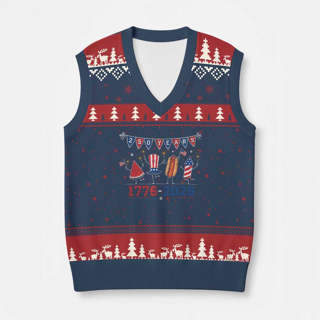 250 Years American 1776 2026 V-Neck Knit Sweater Vest Patriotic Watermelon Hotdog Firework 250th 4th July Independence Day