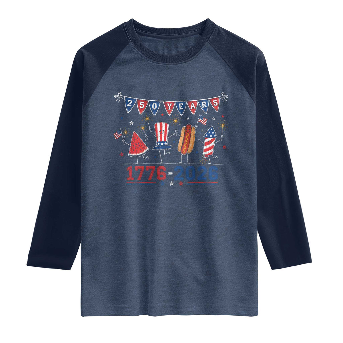 250 Years American 1776 2026 Raglan Shirt Patriotic Watermelon Hotdog Firework 250th 4th July Independence Day