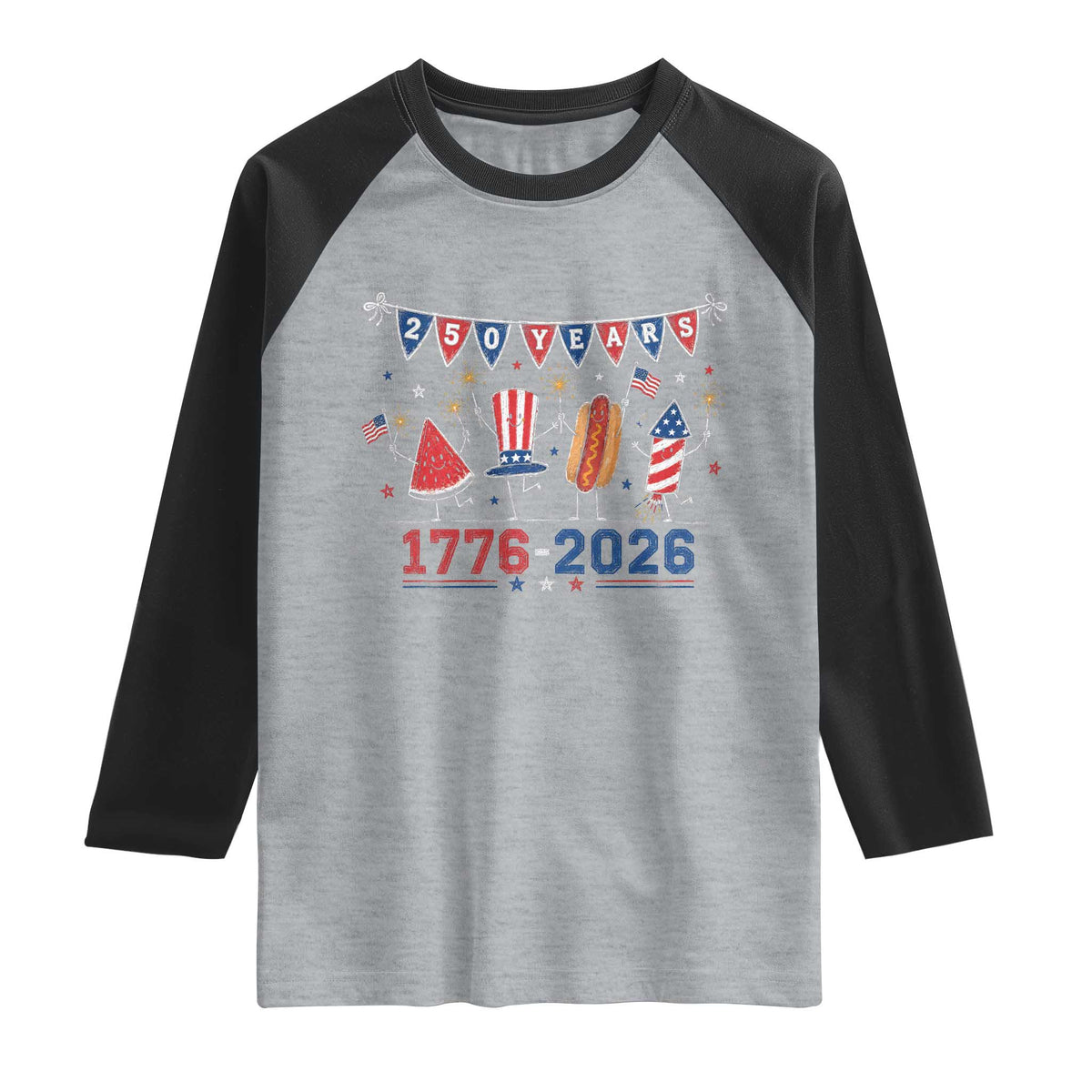 250 Years American 1776 2026 Raglan Shirt Patriotic Watermelon Hotdog Firework 250th 4th July Independence Day