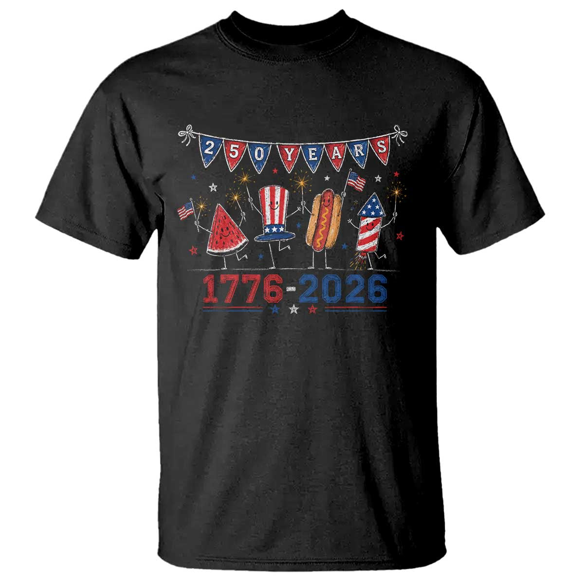 250 Years American 1776 2026 T Shirt Patriotic Watermelon Hotdog Firework 250th 4th July Independence Day