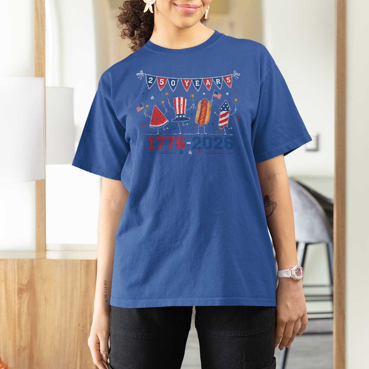 250 Years American 1776 2026 T Shirt For Women Patriotic Watermelon Hotdog Firework 250th 4th July Independence Day