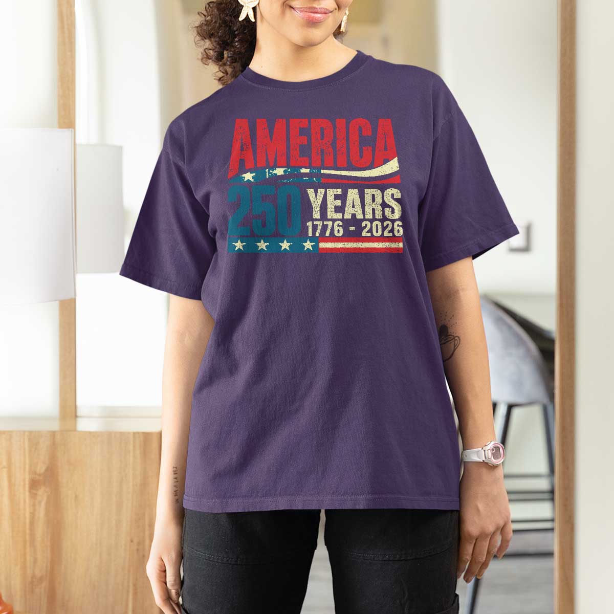 250th Anniversary USA T Shirt For Women Retro 250 Years American 1776 2026 US Flag