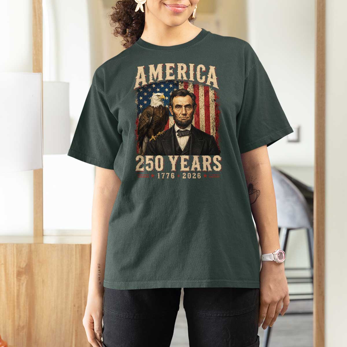 America 250 Years Abraham Lincoln T Shirt For Women Retro Eagle 250th Anniversary USA Flag 1776 2026