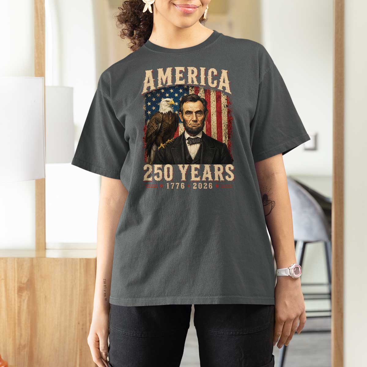 America 250 Years Abraham Lincoln T Shirt For Women Retro Eagle 250th Anniversary USA Flag 1776 2026