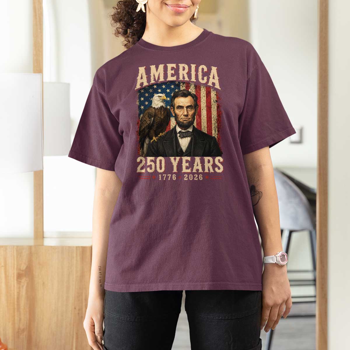 America 250 Years Abraham Lincoln T Shirt For Women Retro Eagle 250th Anniversary USA Flag 1776 2026
