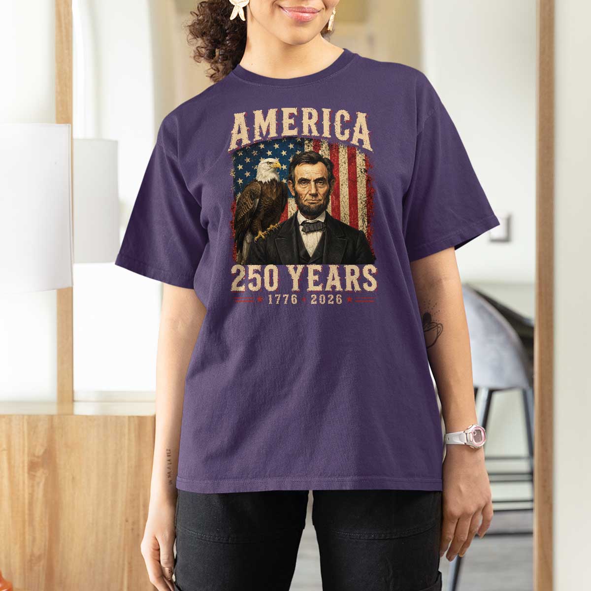 America 250 Years Abraham Lincoln T Shirt For Women Retro Eagle 250th Anniversary USA Flag 1776 2026