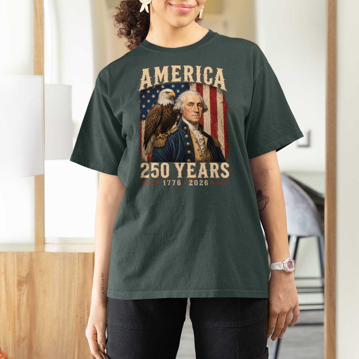 America 250 Years George Washington T Shirt For Women Retro Eagle 250th Anniversary USA Flag 1776 2026