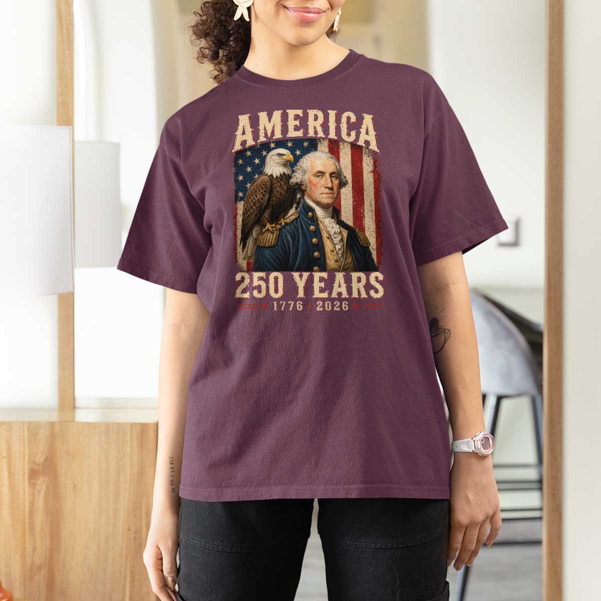 America 250 Years George Washington T Shirt For Women Retro Eagle 250th Anniversary USA Flag 1776 2026