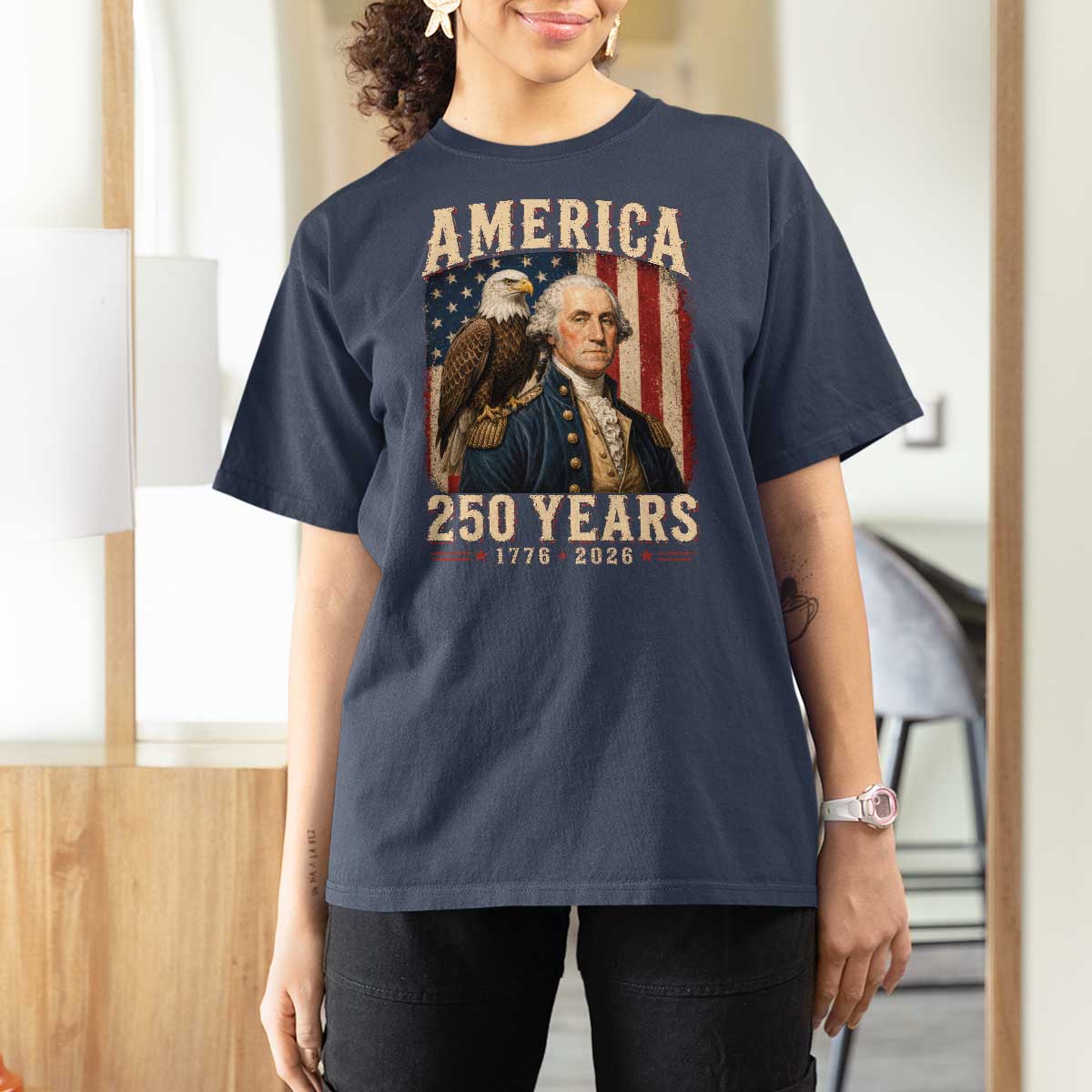 America 250 Years George Washington T Shirt For Women Retro Eagle 250th Anniversary USA Flag 1776 2026