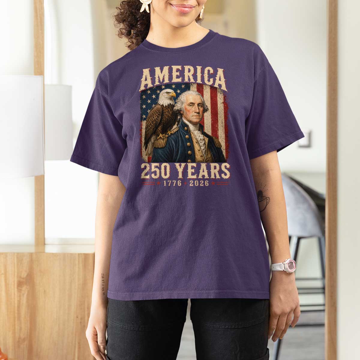 America 250 Years George Washington T Shirt For Women Retro Eagle 250th Anniversary USA Flag 1776 2026