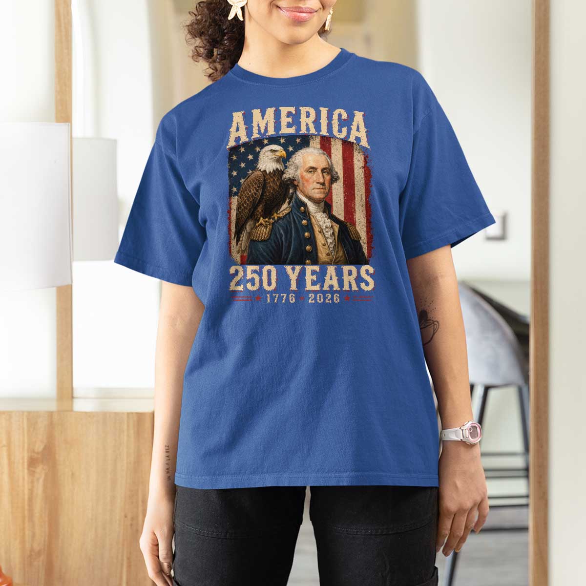 America 250 Years George Washington T Shirt For Women Retro Eagle 250th Anniversary USA Flag 1776 2026