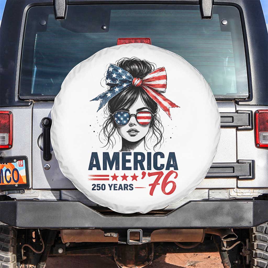America 250 Years Spare Tire Cover 250th Anniversary USA Patriotic Girl Messy Bun 1776 2026