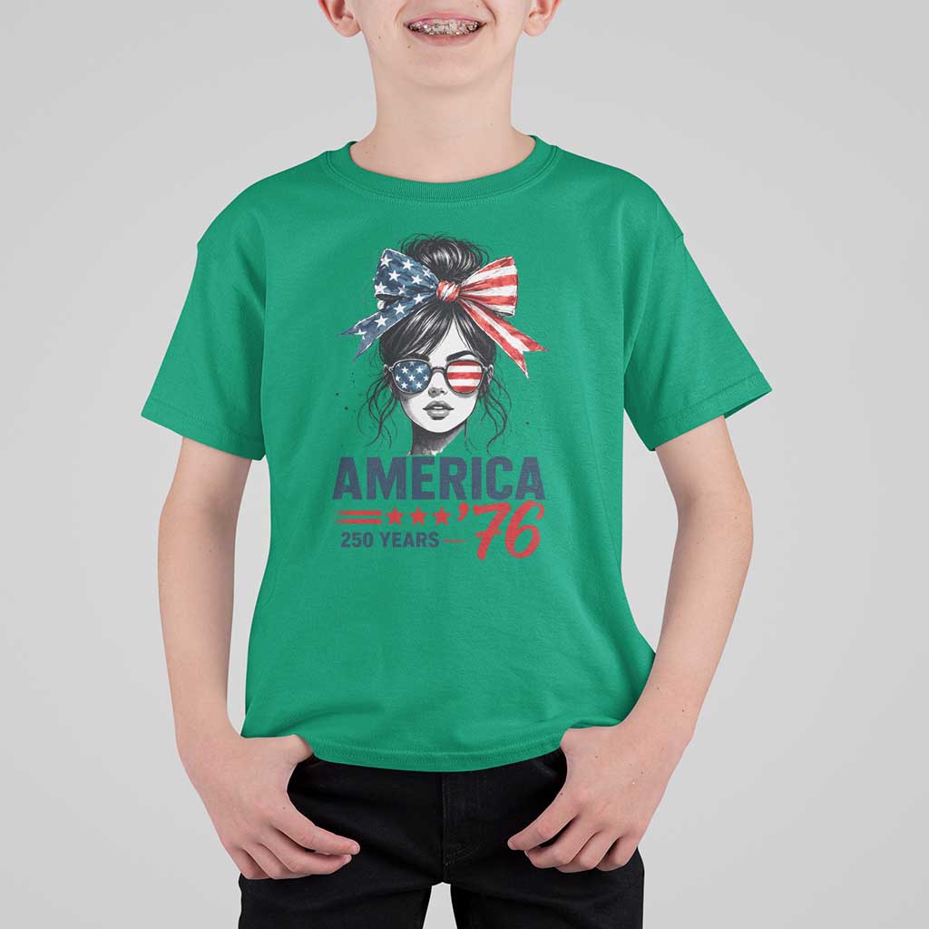 America 250 Years T Shirt For Kid 250th Anniversary USA Patriotic Girl Messy Bun 1776 2026