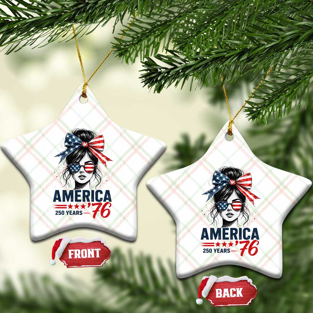 America 250 Years Ceramic Ornament 250th Anniversary USA Patriotic Girl Messy Bun 1776 2026