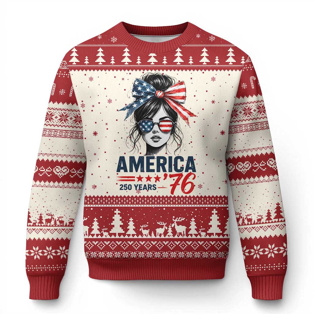 America 250 Years Ugly Christmas Sweater 250th Anniversary USA Patriotic Girl Messy Bun 1776 2026