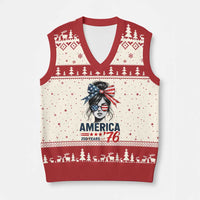 America 250 Years V-Neck Knit Sweater Vest 250th Anniversary USA Patriotic Girl Messy Bun 1776 2026