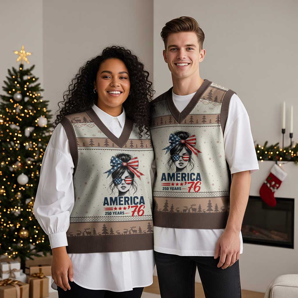 America 250 Years V-Neck Knit Sweater Vest 250th Anniversary USA Patriotic Girl Messy Bun 1776 2026