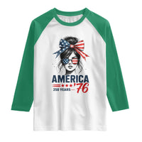 America 250 Years Raglan Shirt 250th Anniversary USA Patriotic Girl Messy Bun 1776 2026