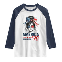 America 250 Years Raglan Shirt 250th Anniversary USA Patriotic Girl Messy Bun 1776 2026