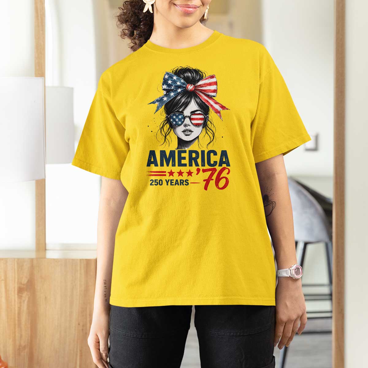 America 250 Years T Shirt For Women 250th Anniversary USA Patriotic Girl Messy Bun 1776 2026