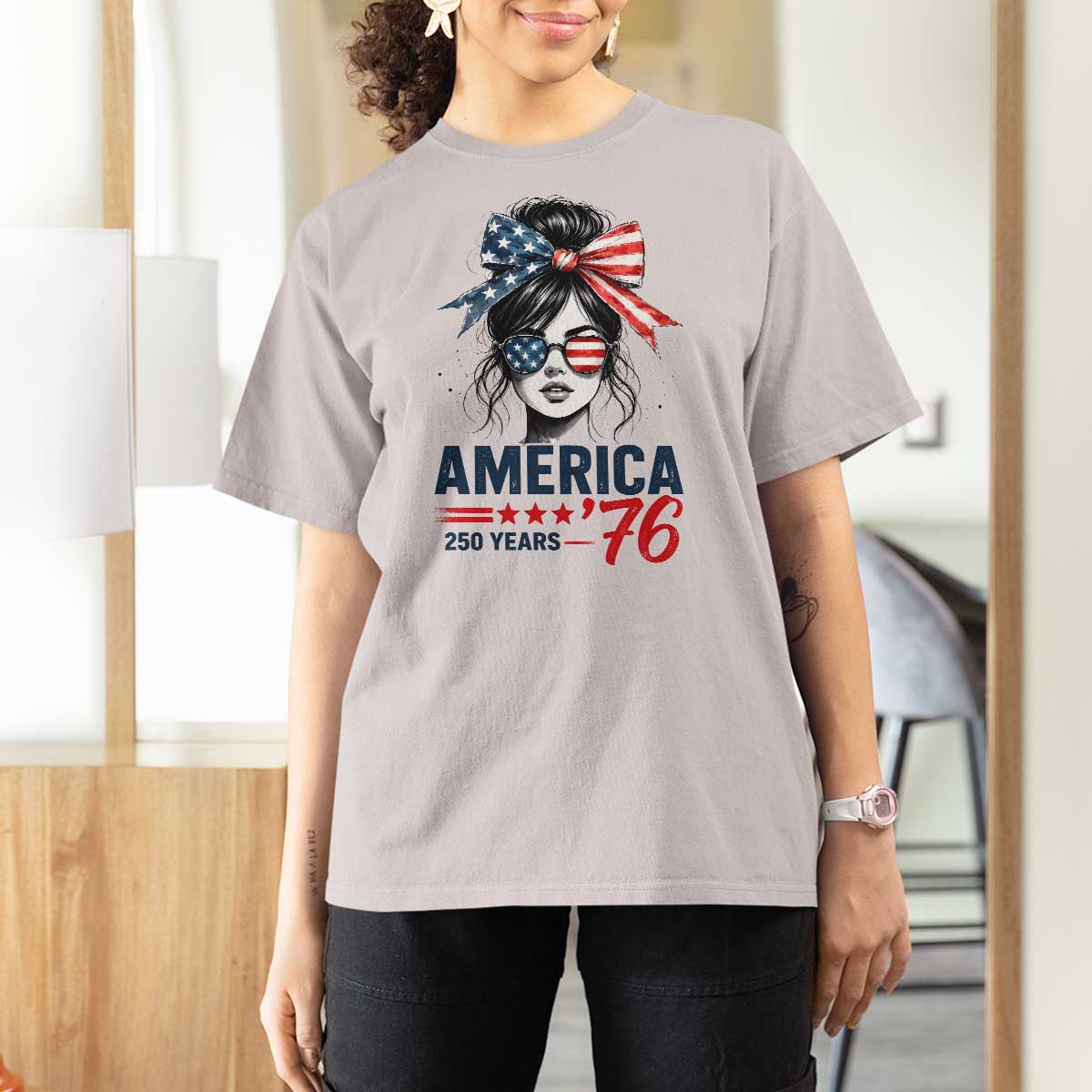 America 250 Years T Shirt For Women 250th Anniversary USA Patriotic Girl Messy Bun 1776 2026
