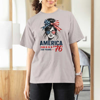 America 250 Years T Shirt For Women 250th Anniversary USA Patriotic Girl Messy Bun 1776 2026