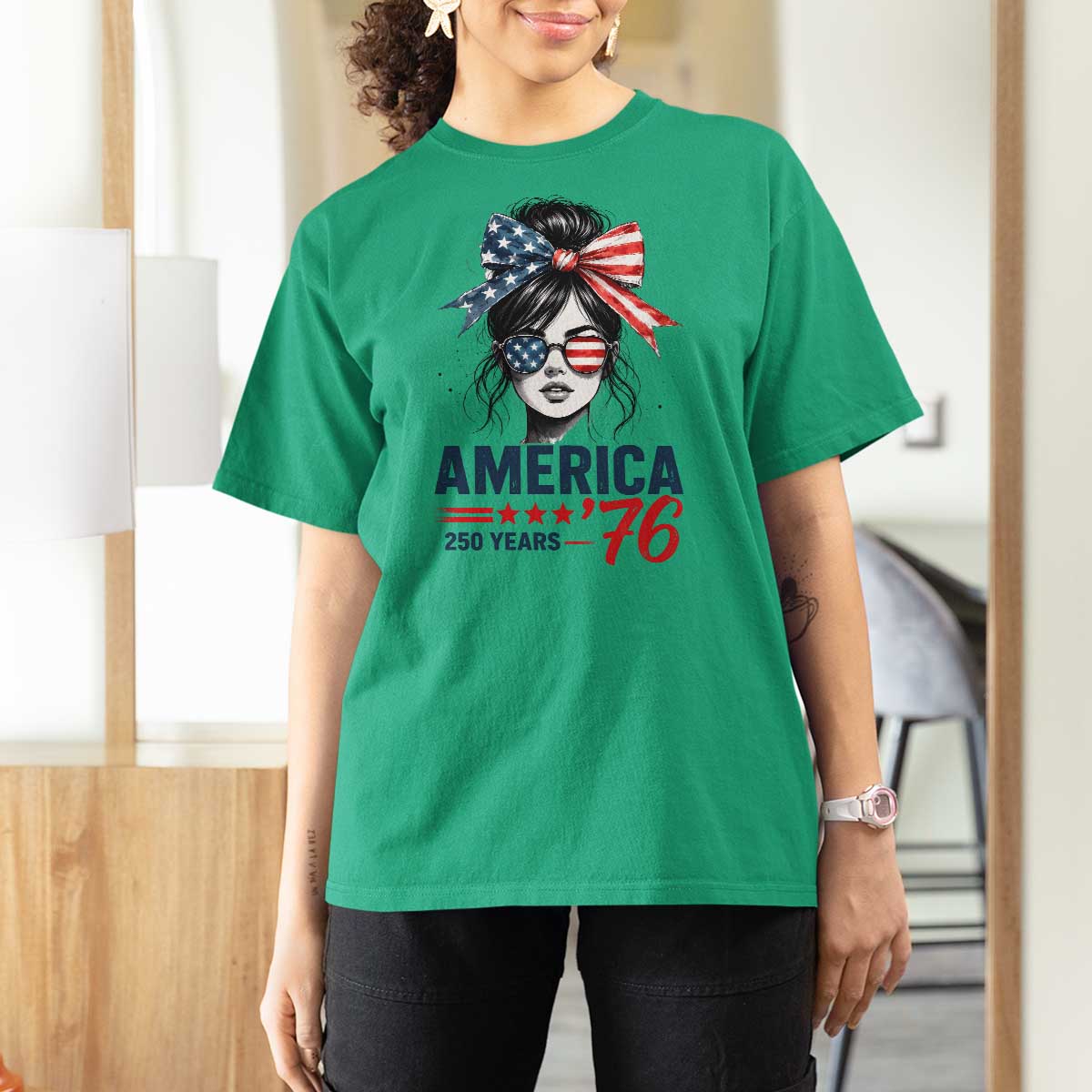 America 250 Years T Shirt For Women 250th Anniversary USA Patriotic Girl Messy Bun 1776 2026