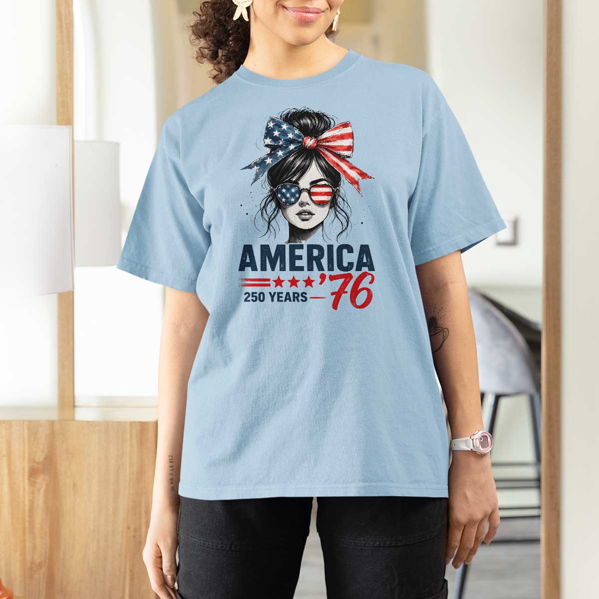 America 250 Years T Shirt For Women 250th Anniversary USA Patriotic Girl Messy Bun 1776 2026