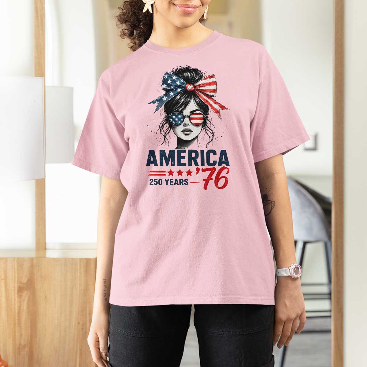 America 250 Years T Shirt For Women 250th Anniversary USA Patriotic Girl Messy Bun 1776 2026