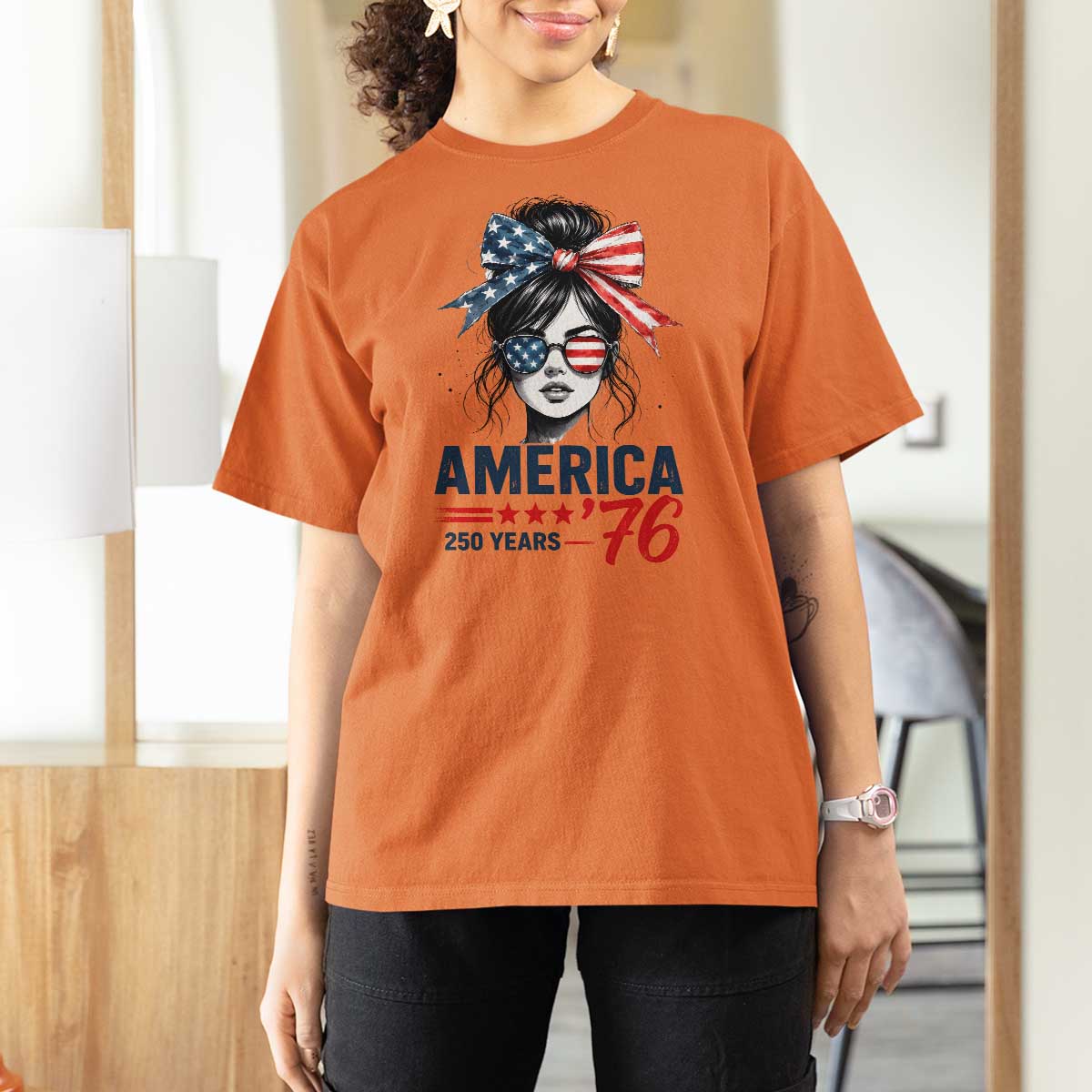 America 250 Years T Shirt For Women 250th Anniversary USA Patriotic Girl Messy Bun 1776 2026