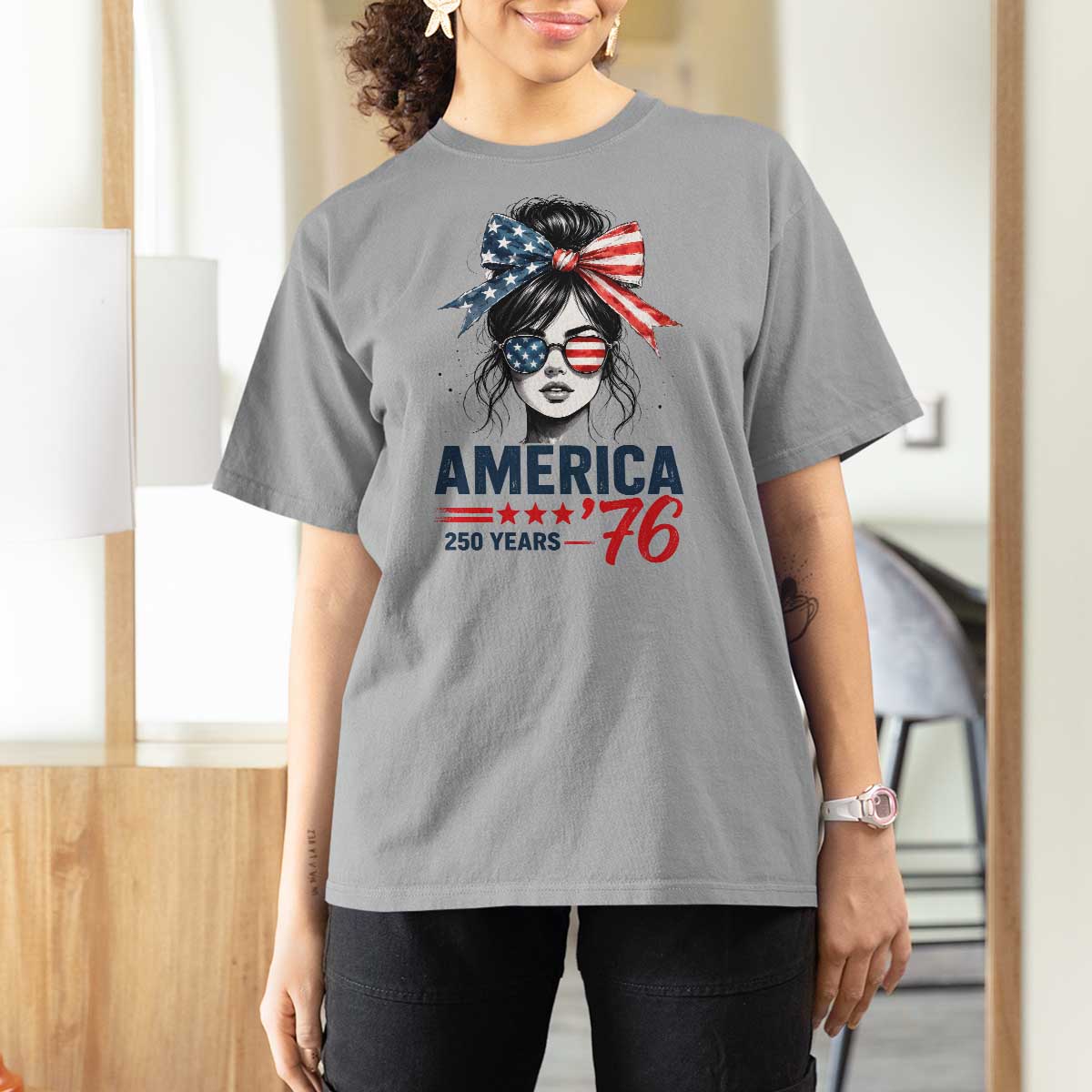 America 250 Years T Shirt For Women 250th Anniversary USA Patriotic Girl Messy Bun 1776 2026