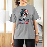 America 250 Years T Shirt For Women 250th Anniversary USA Patriotic Girl Messy Bun 1776 2026