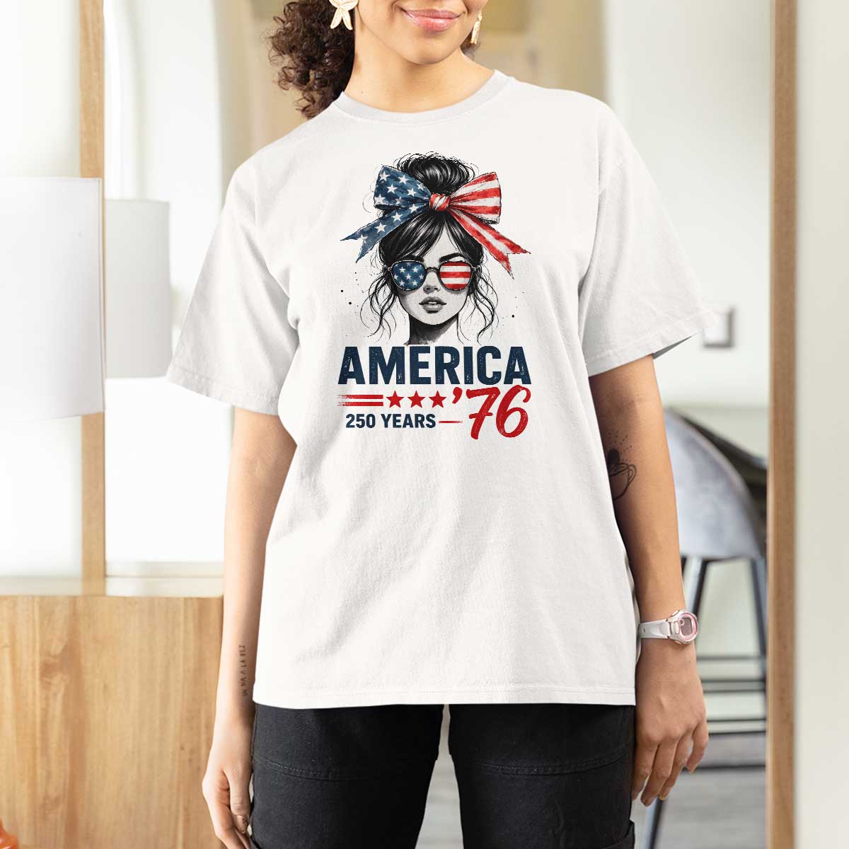 America 250 Years T Shirt For Women 250th Anniversary USA Patriotic Girl Messy Bun 1776 2026