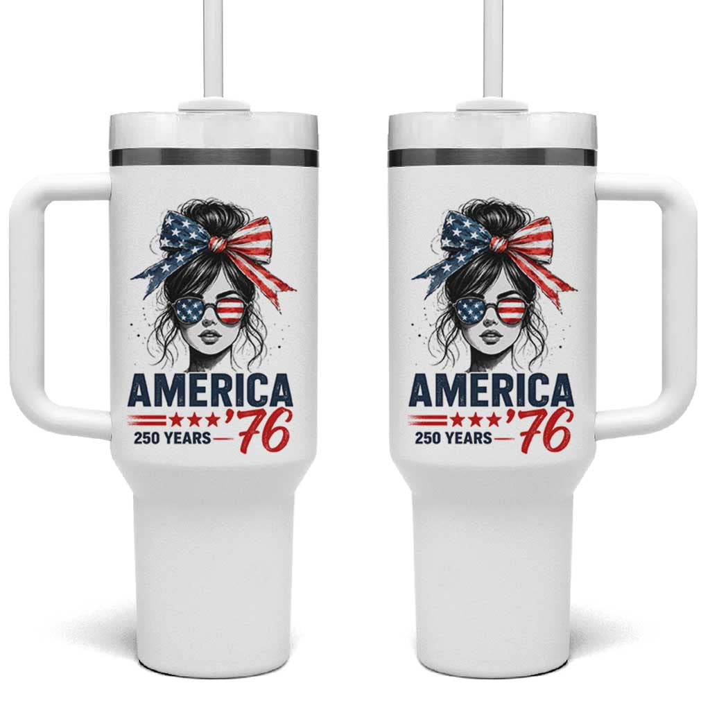 America 250 Years Tumbler With Handle 250th Anniversary USA Patriotic Girl Messy Bun 1776 2026