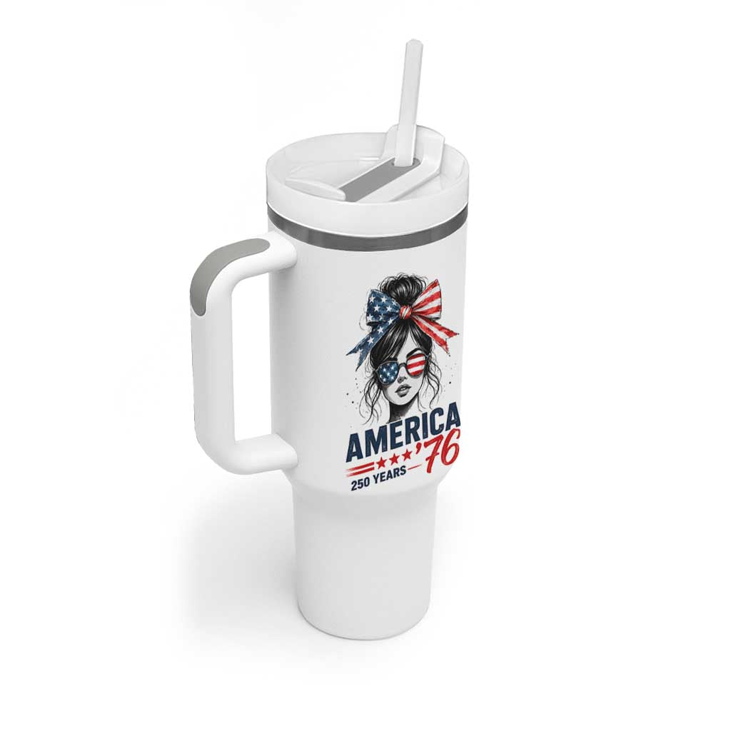 America 250 Years Tumbler With Handle 250th Anniversary USA Patriotic Girl Messy Bun 1776 2026