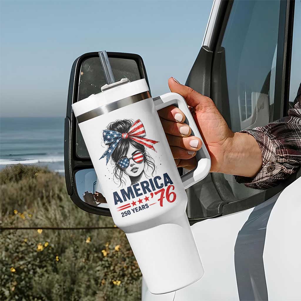 America 250 Years Tumbler With Handle 250th Anniversary USA Patriotic Girl Messy Bun 1776 2026